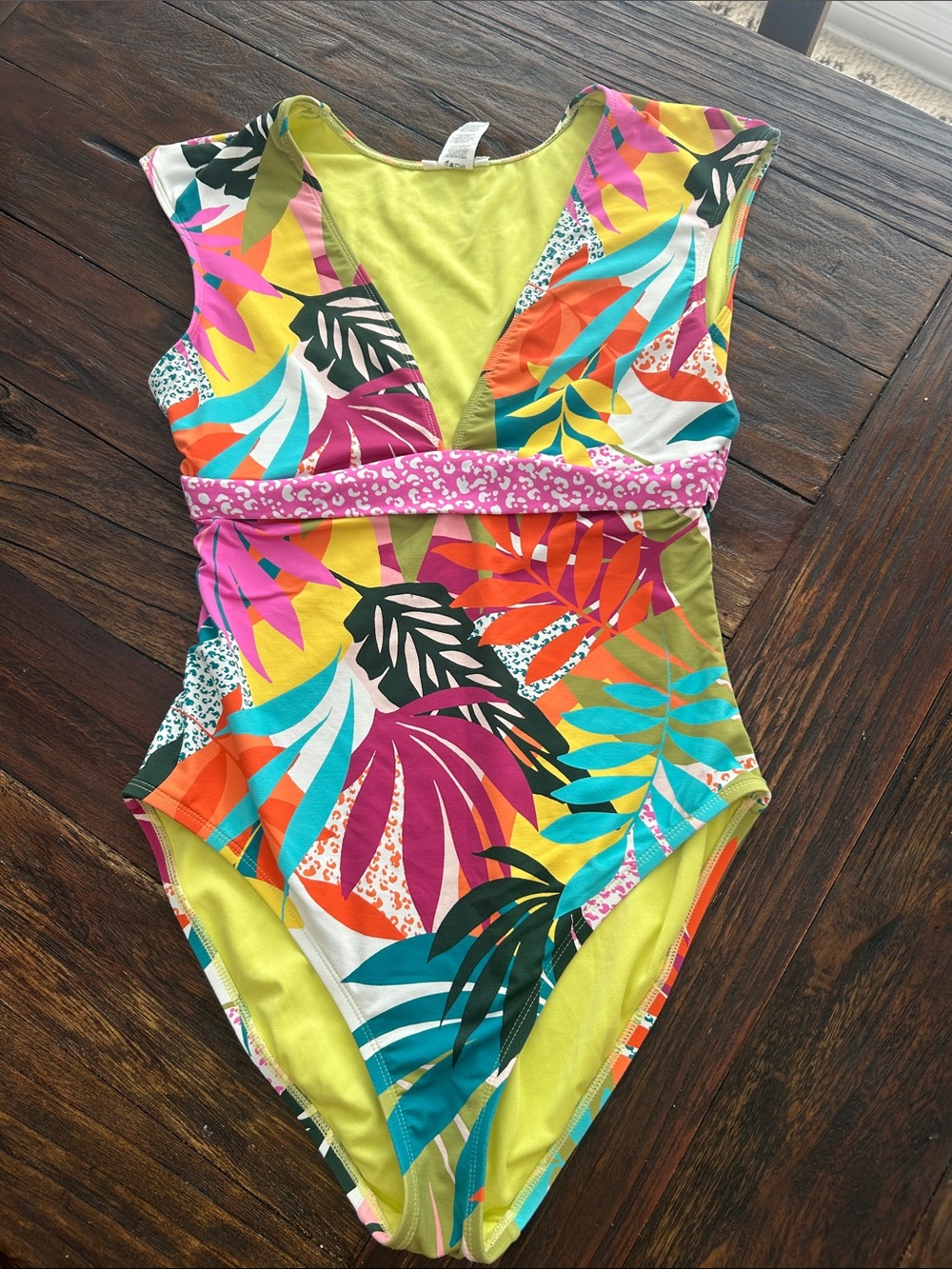 Tropical Multi-Color One-Piece Swimsuit - V-Neck, Pink Waistband